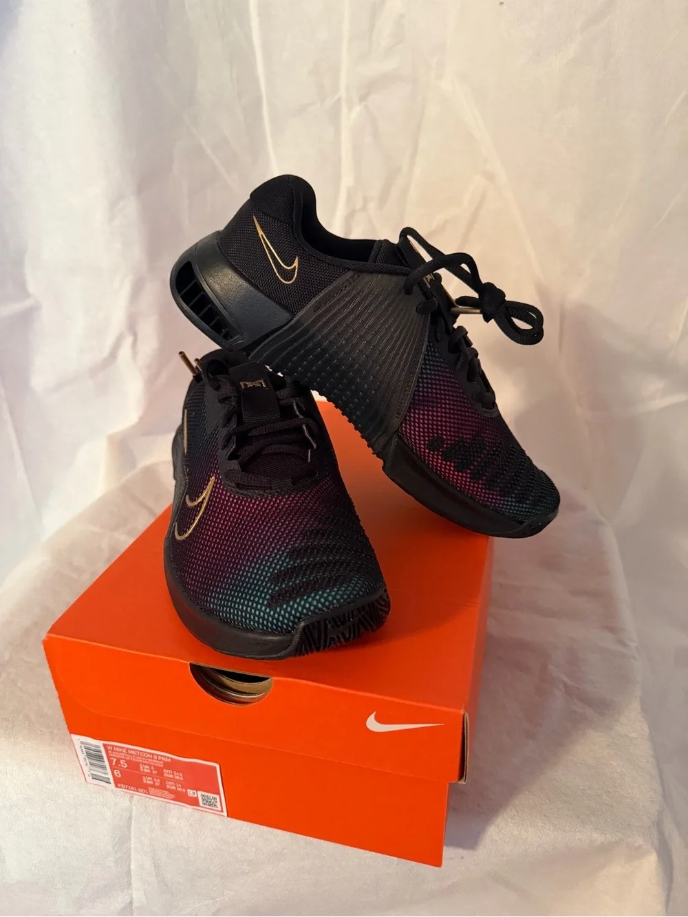 Nike women’s Black Iridescent Gradient Sneakers with Yellow Swoosh